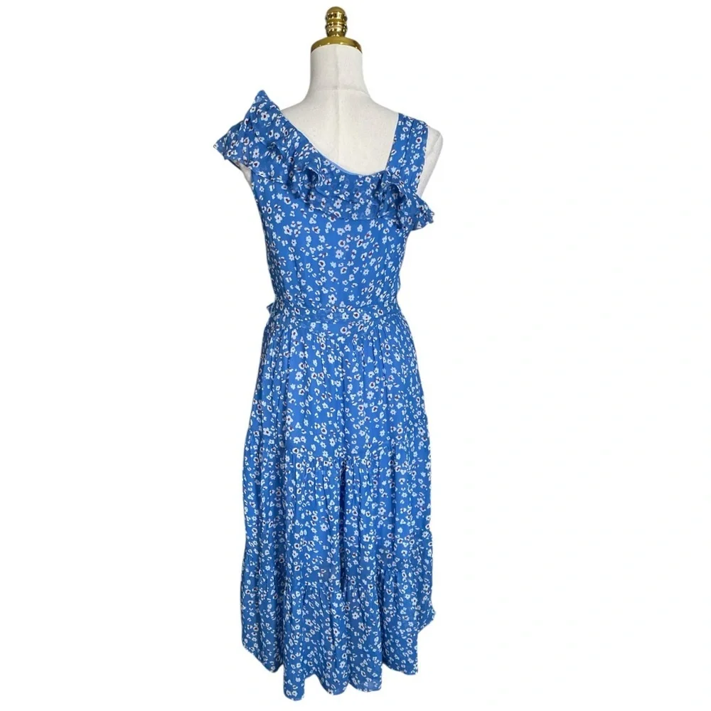 Amour Vert Women’s XS Blue Floral Ruffled Tiered Sleeveless Midi Silk Dress - Picture 6 of 10